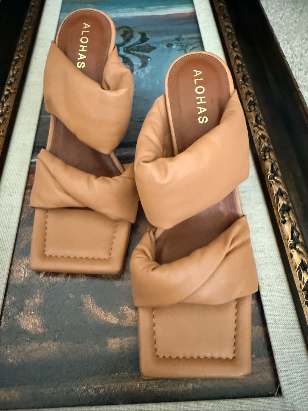 ALOHAS Tan Padded Crisscross Slide Mules